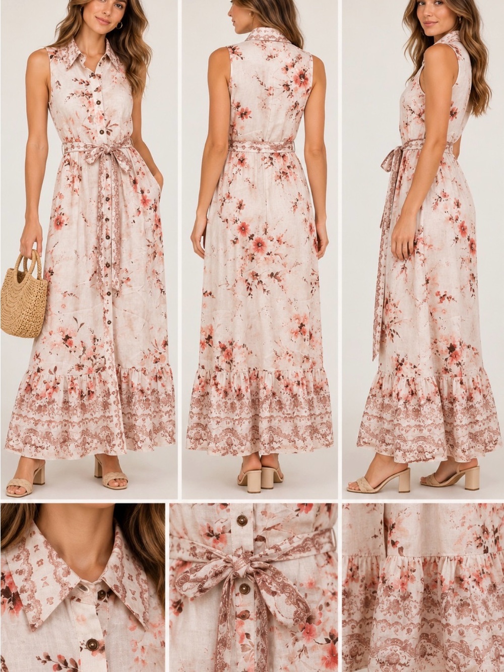 Elie Tahari Size S Floral Button Front Belted Maxi Dress